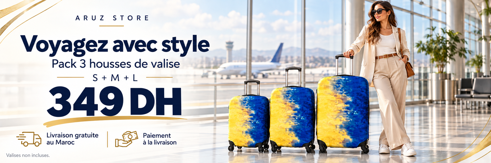 Trois housses de valise bleu-jaune à l’aéroport